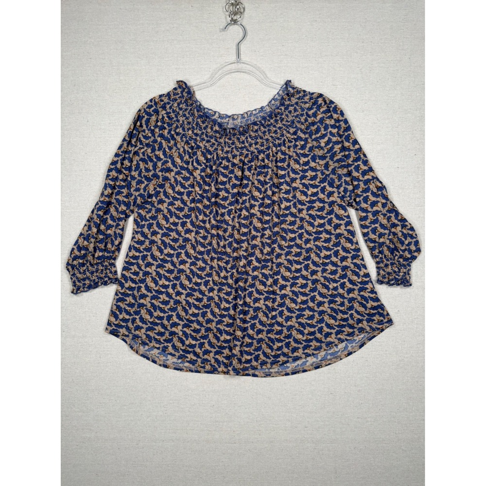 Melloday Women Blue Tan Abstract Smocked Neck Blouse CLT192446D-TM Size M